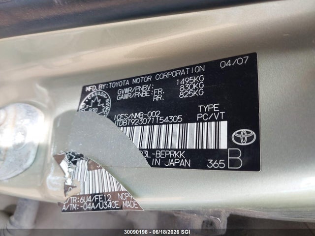 2007 Toyota Yaris მანქანა იყიდება აუქციონზე, vin: JTDBT923071154305, აუქციონის ნომერი: 30090198