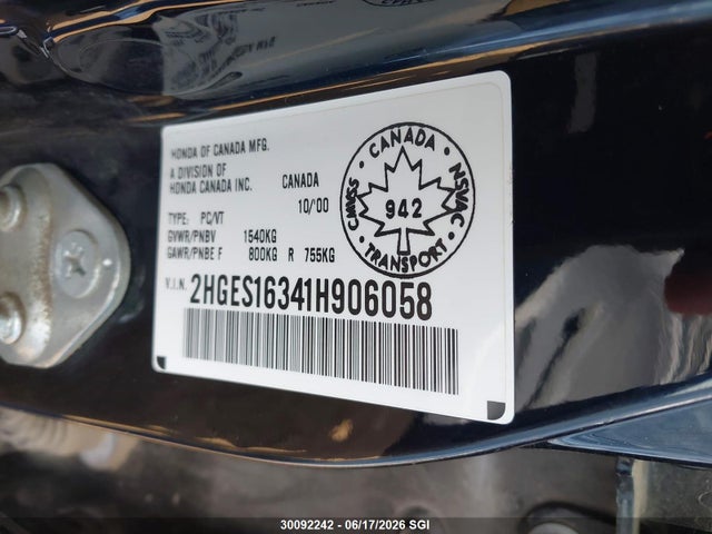 2001 Honda Civic Dx მანქანა იყიდება აუქციონზე, vin: 2HGES16341H906058, აუქციონის ნომერი: 30092242