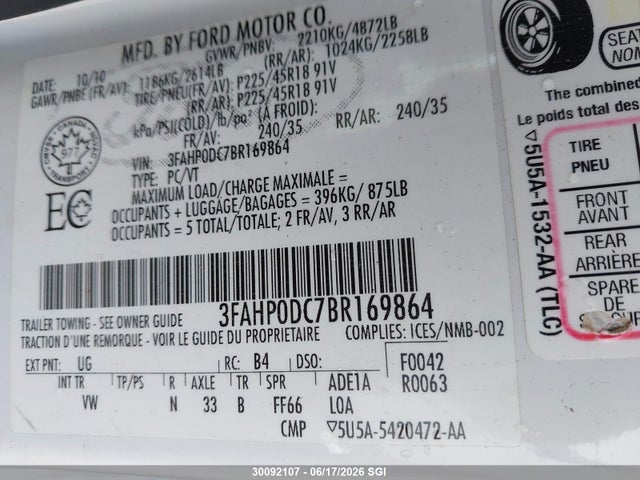 Продажа на аукционе авто 2011 Ford Fusion Sport, vin: 3FAHP0DC7BR169864, номер лота: 30092107