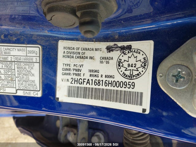 30091568 :رقم المزاد ، 2HGFA16816H000959 vin ، 2006 Honda Civic Ex مزاد بيع