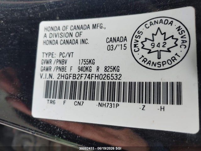 Honda CIVIC SE 2015 2HGFB2F74FH026532 Image 9