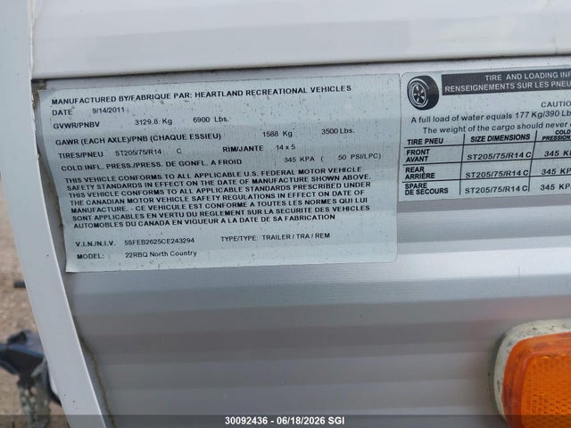 30092436 :رقم المزاد ، 5SFEB2625CE243294 vin ، 2012 Heartland Trail Runner 30usbh مزاد بيع