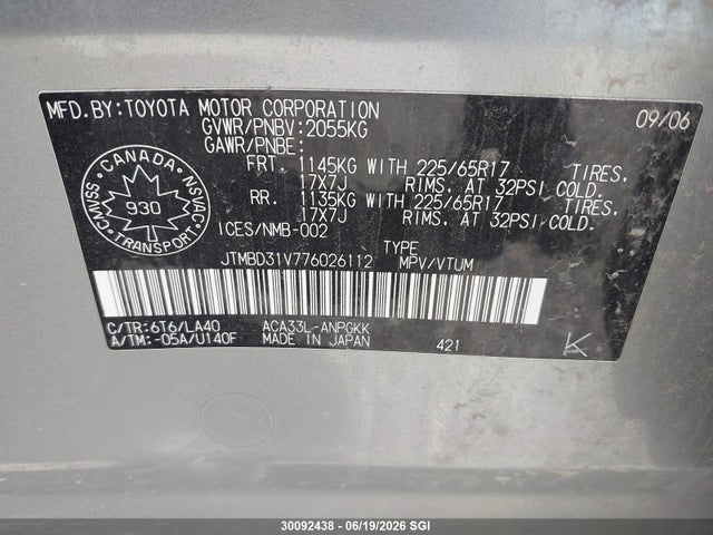 30092438 :رقم المزاد ، JTMBD31V776026112 vin ، 2007 Toyota Rav4 Limited مزاد بيع