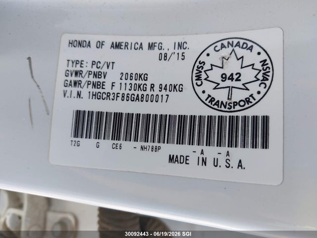 1HGCR3F86GA800017 Honda ACCORD EXL