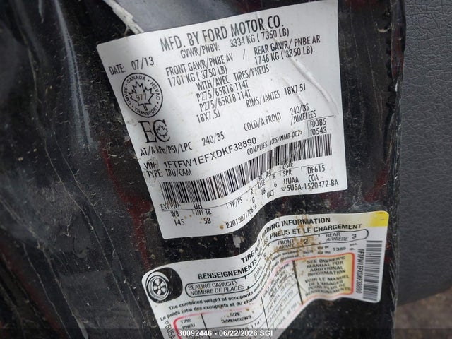 30092446 :رقم المزاد ، 1FTFW1EFXDKF38890 vin ، 2013 Ford F150 Supercrew مزاد بيع