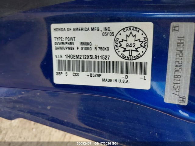 30092457 :رقم المزاد ، 1HGEM212X5L811527 vin ، 2005 Honda Civic Dx مزاد بيع