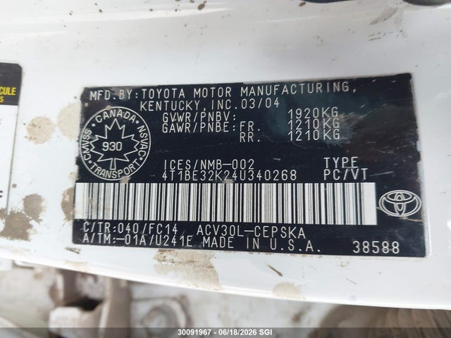 2004 Toyota Camry Le/xle/se მანქანა იყიდება აუქციონზე, vin: 4T1BE32K24U340268, აუქციონის ნომერი: 30091967