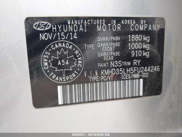 2015 Hyundai Elantra Gt მანქანა იყიდება აუქციონზე, vin: KMHD35LH5FU244246, აუქციონის ნომერი: 30090931