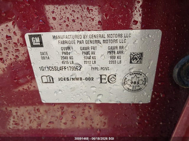 30091468 :رقم المزاد ، 1G11C5SL4FF179562 vin ، 2015 Chevrolet Malibu مزاد بيع