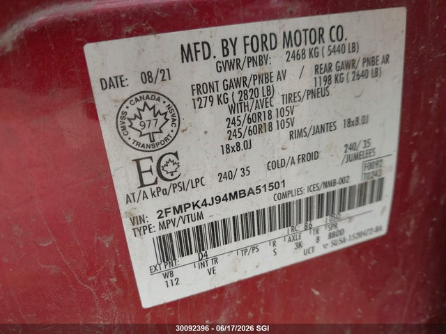 Продажа на аукционе авто 2021 Ford Edge Sel, vin: 2FMPK4J94MBA51501, номер лота: 30092396