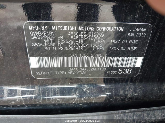 Aukcja sprzedaży 2020 Mitsubishi Eclipse Cross Es, vin: JA4AT3AA3LZ601188, numer aukcji: 30092504