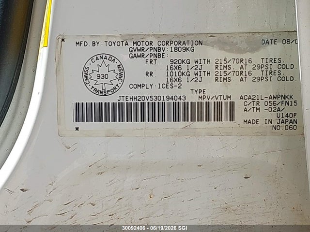 30092406 :رقم المزاد ، JTEHH20V530194043 vin ، 2003 Toyota Rav4 مزاد بيع