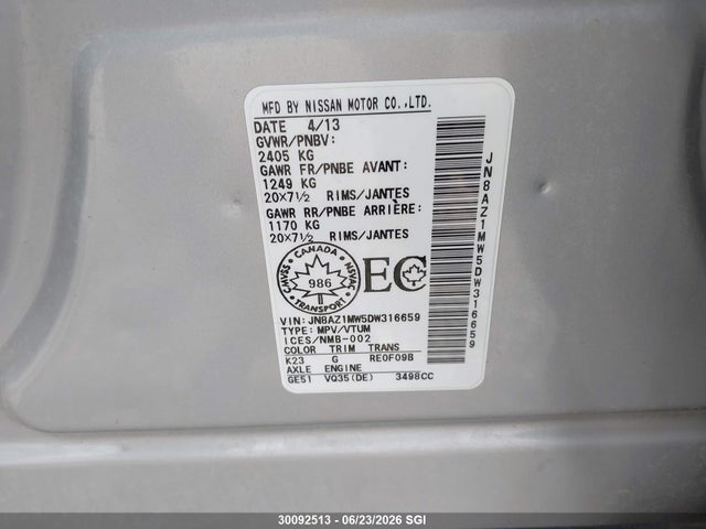 Aukcja sprzedaży 2013 Nissan Murano S/sl/le, vin: JN8AZ1MW5DW316659, numer aukcji: 30092513