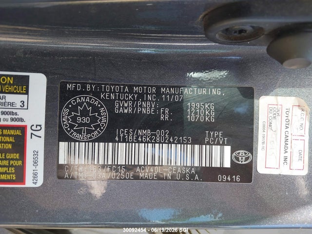 2008 Toyota Camry Ce/le/xle/se მანქანა იყიდება აუქციონზე, vin: 4T1BE46K28U242153, აუქციონის ნომერი: 30092454