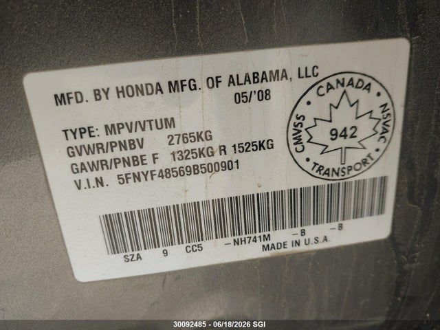 30092485 :رقم المزاد ، 5FNYF48569B500901 vin ، 2009 Honda Pilot Exl مزاد بيع