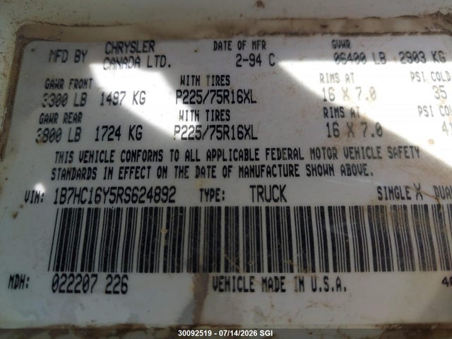 30092519 :رقم المزاد ، 1B7HC16Y5RS624892 vin ، 1994 Dodge Ram 1500 مزاد بيع