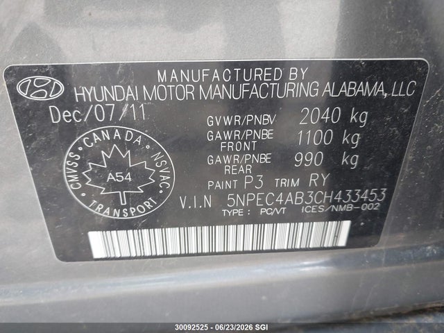 Aukcja sprzedaży 2012 Hyundai Sonata Se/limited, vin: 5NPEC4AB3CH433453, numer aukcji: 30092525