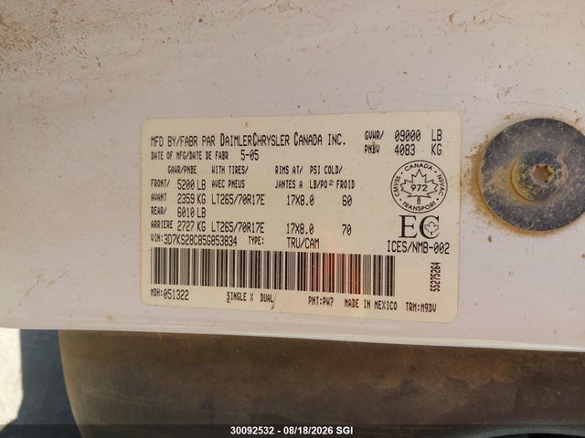 Aukcja sprzedaży 2005 Dodge Ram 2500 St/slt, vin: 3D7KS28C85G853834, numer aukcji: 30092532