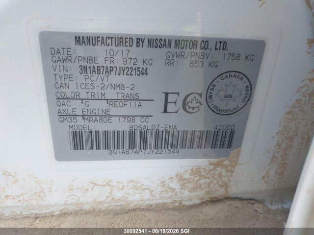 Продаж на аукціоні авто 2018 Nissan Sentra S/sv/sr/sl, vin: 3N1AB7AP7JY221544, номер лоту: 30092541
