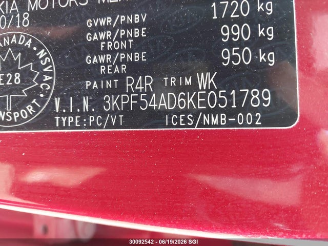 30092542 :رقم المزاد ، 3KPF54AD6KE051789 vin ، 2019 Kia Forte Ex مزاد بيع