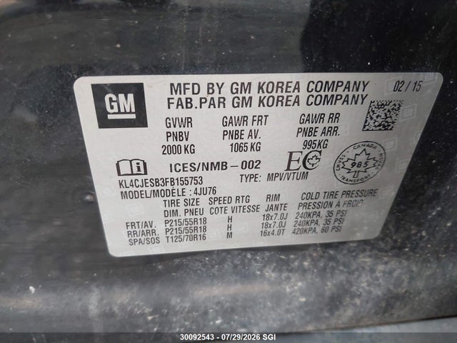 30092543 :رقم المزاد ، KL4CJESB3FB155753 vin ، 2015 Buick Encore مزاد بيع
