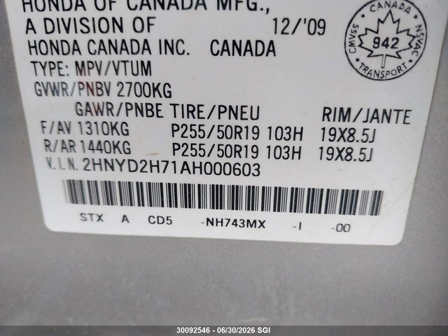 30092546 :رقم المزاد ، 2HNYD2H71AH000603 vin ، 2010 Acura Mdx Advance مزاد بيع