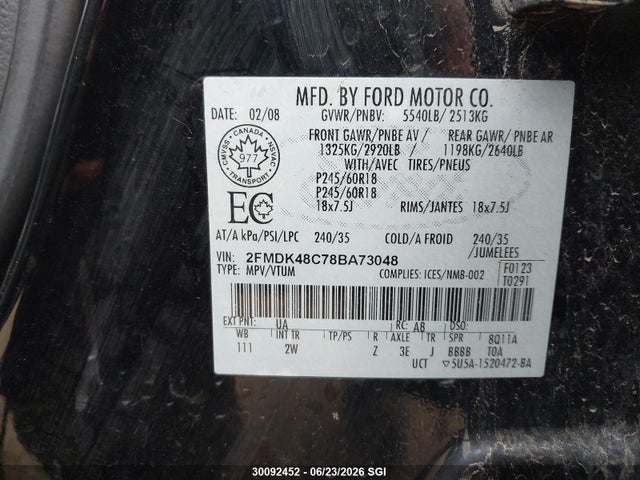 Продаж на аукціоні авто 2008 Ford Edge Sel, vin: 2FMDK48C78BA73048, номер лоту: 30092452