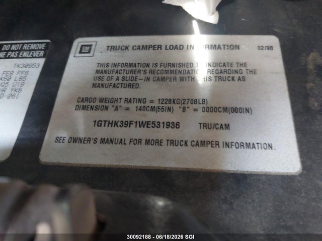 30092188 :رقم المزاد ، 1GTHK39F1WE531936 vin ، 1998 Gmc Sierra K3500 مزاد بيع