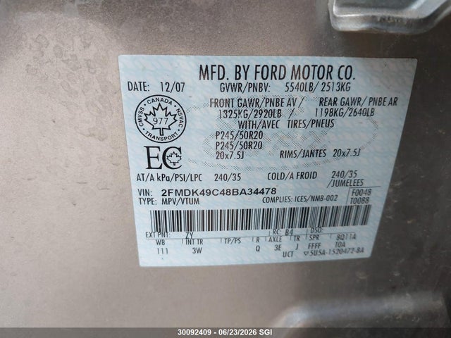 Продаж на аукціоні авто 2008 Ford Edge Limited, vin: 2FMDK49C48BA34478, номер лоту: 30092409