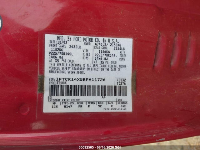 Продажа на аукционе авто 1994 Ford Ranger Super Cab, vin: 1FTCR14X5RPA11726, номер лота: 30092565