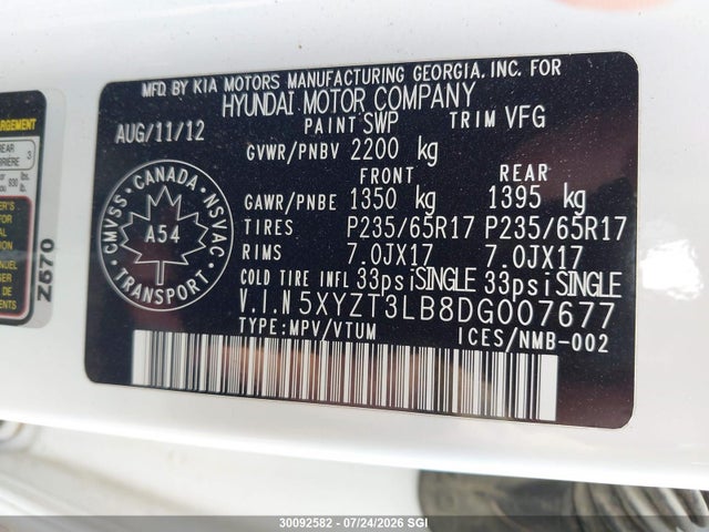 30092582 :رقم المزاد ، 5XYZT3LB8DG007677 vin ، 2013 Hyundai Santa Fe Sport مزاد بيع