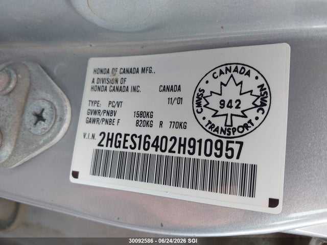 Aukcja sprzedaży 2002 Honda Civic Dx, vin: 2HGES16402H910957, numer aukcji: 30092586