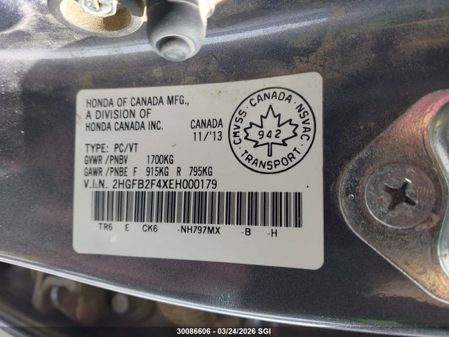 2014 Honda Civic Lx მანქანა იყიდება აუქციონზე, vin: 2HGFB2F4XEH000179, აუქციონის ნომერი: 30086606