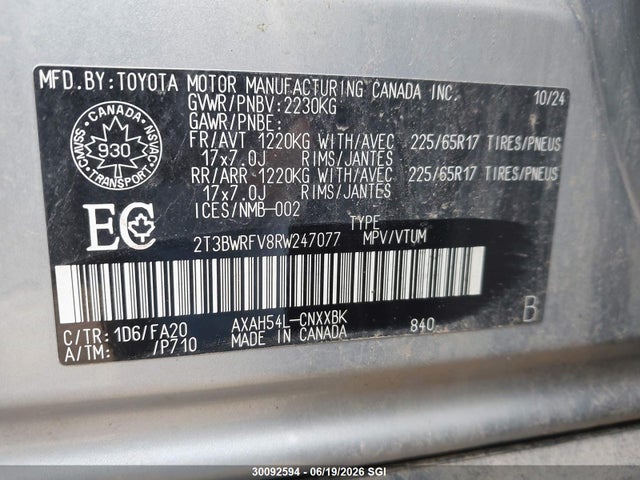 2024 Toyota Rav4 Le მანქანა იყიდება აუქციონზე, vin: 2T3BWRFV8RW247077, აუქციონის ნომერი: 30092594