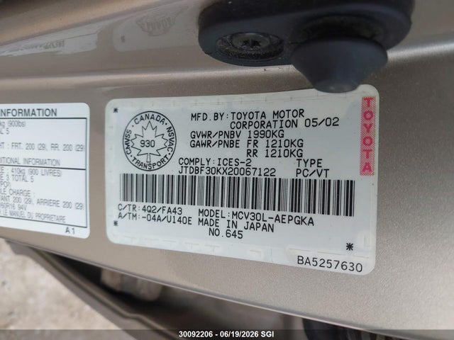 2002 Toyota Camry Le/xle/se მანქანა იყიდება აუქციონზე, vin: JTDBF30KX20067122, აუქციონის ნომერი: 30092206
