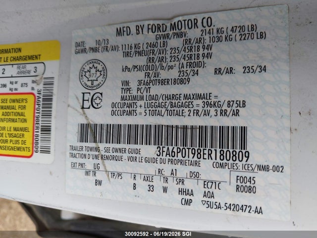 Ford FUSION SE 2014 3FA6P0T98ER180809 Image 9