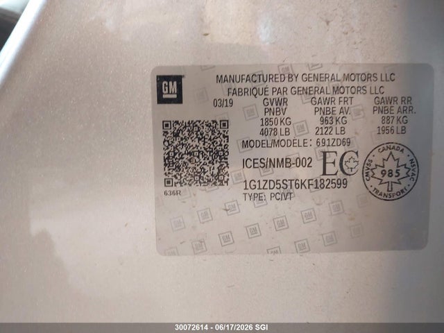 Продаж на аукціоні авто 2019 Chevrolet Malibu Lt, vin: 1G1ZD5ST6KF182599, номер лоту: 30072614