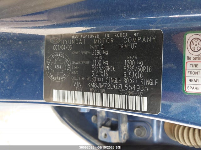 2007 Hyundai Tucson Gl/gls მანქანა იყიდება აუქციონზე, vin: KM8JM72D67U554935, აუქციონის ნომერი: 30092085