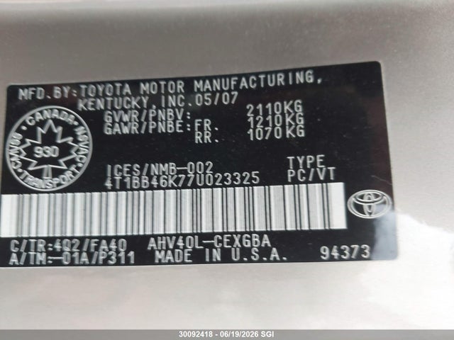 2007 Toyota Camry Hybrid მანქანა იყიდება აუქციონზე, vin: 4T1BB46K77U023325, აუქციონის ნომერი: 30092418
