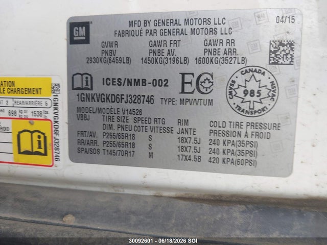 30092601 :رقم المزاد ، 1GNKVGKD6FJ328746 vin ، 2015 Chevrolet Traverse Lt مزاد بيع