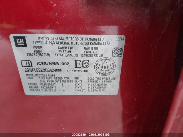 30082680 :رقم المزاد ، 2GNFLEEK2D6424096 vin ، 2013 Chevrolet Equinox Lt مزاد بيع