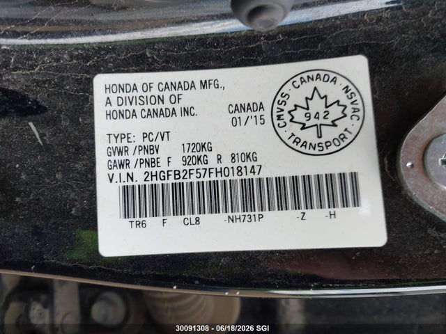 Honda Civic Lx 2015 2HGFB2F57FH018147 Image 9