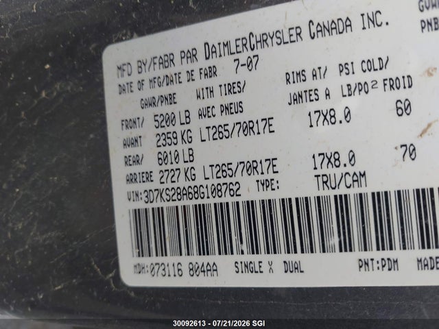 30092613 :رقم المزاد ، 3D7KS28A68G108762 vin ، 2008 Dodge Ram 2500 St/slt مزاد بيع