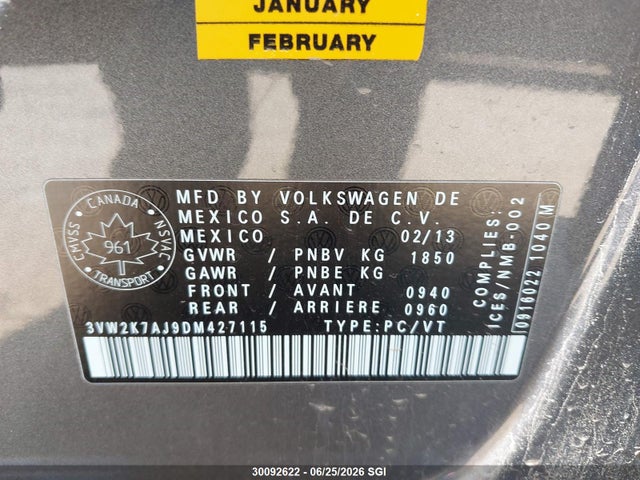 Продажа на аукционе авто 2013 Volkswagen Jetta S, vin: 3VW2K7AJ9DM427115, номер лота: 30092622