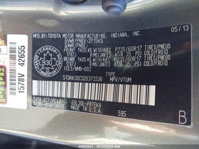 Aukcja sprzedaży 2013 Toyota Sienna Le, vin: 5TDKK3DC5DS373336, numer aukcji: 30092623