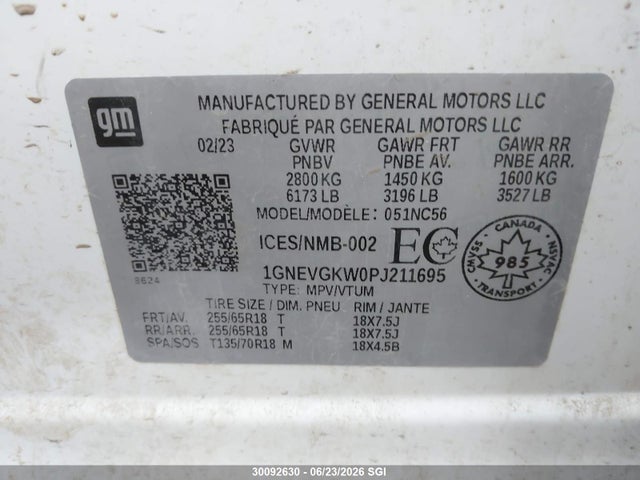 30092630 :رقم المزاد ، 1GNEVGKW0PJ211695 vin ، 2023 Chevrolet Traverse Lt مزاد بيع