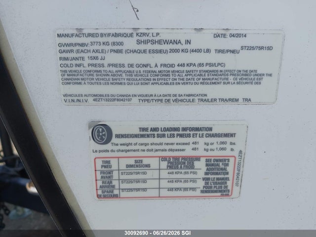 2015 Kz Sporttrek Travel Trailer მანქანა იყიდება აუქციონზე, vin: 4EZT13222F8042107, აუქციონის ნომერი: 30092690