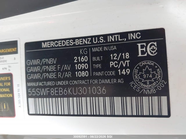 Продажа на аукционе авто 2019 Mercedes-benz C 300 4matic, vin: 55SWF8EB6KU301036, номер лота: 30092591