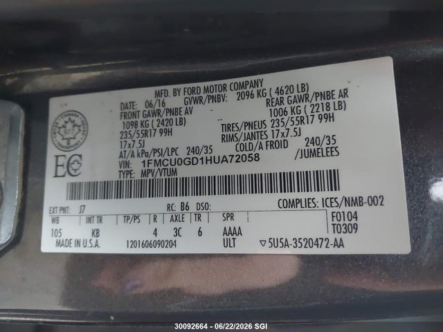 30092664 :رقم المزاد ، 1FMCU0GD1HUA72058 vin ، 2017 Ford Escape Se مزاد بيع