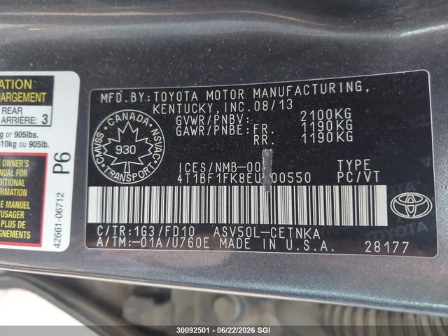 Aukcja sprzedaży 2014 Toyota Camry L/se/le/xle, vin: 4T1BF1FK8EU300550, numer aukcji: 30092501